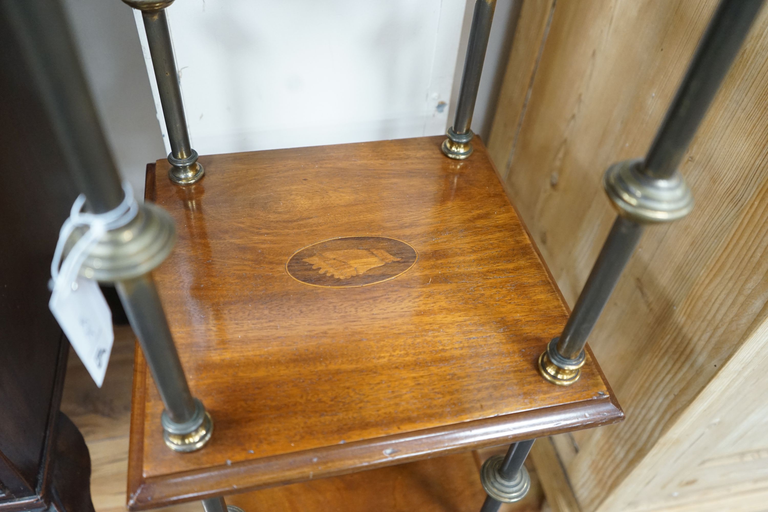 An Edwardian style brass mounted inlaid mahogany three tier whatnot, width 32cm, depth 31cm, height 89cm